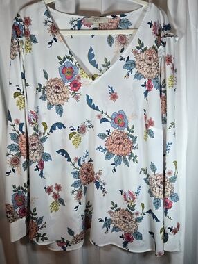 LOFT White Floral V-Neck Long Sleeve Top with Multicolor Blooms